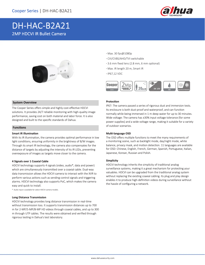 Page 1 de la notice Fiche technique Dahua Technology HAC-B2A21