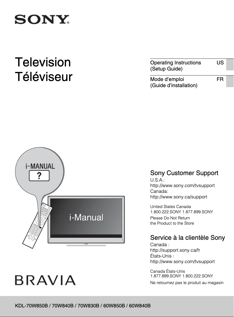 Page 1 de la notice Manuel utilisateur Sony Bravia KDL-70W830B