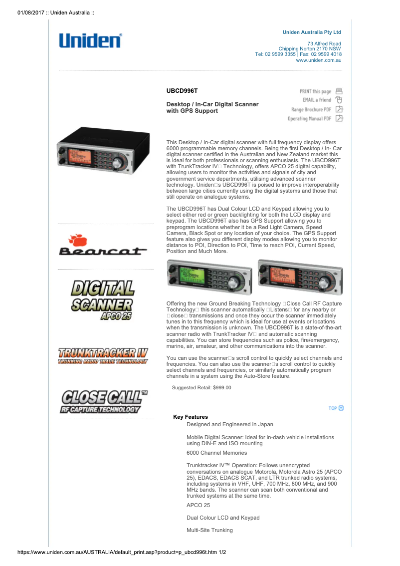 Page 1 de la notice Manuel utilisateur Uniden UBCD996T