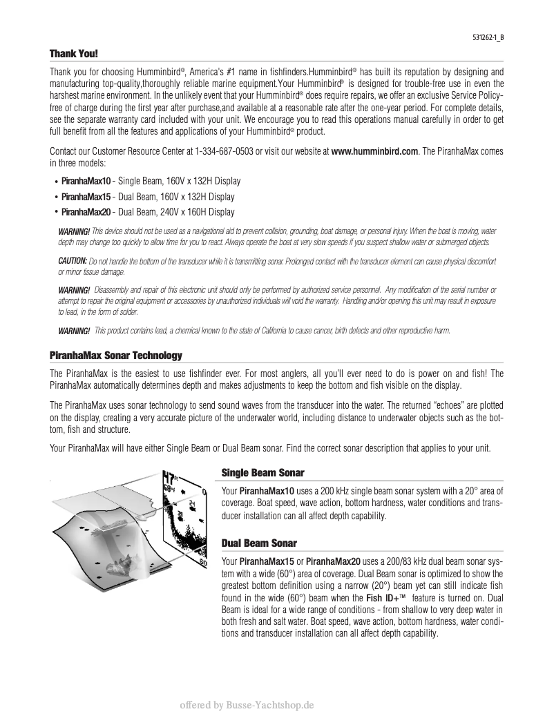 Page 1 de la notice Manuel utilisateur Humminbird PiranhaMax 153