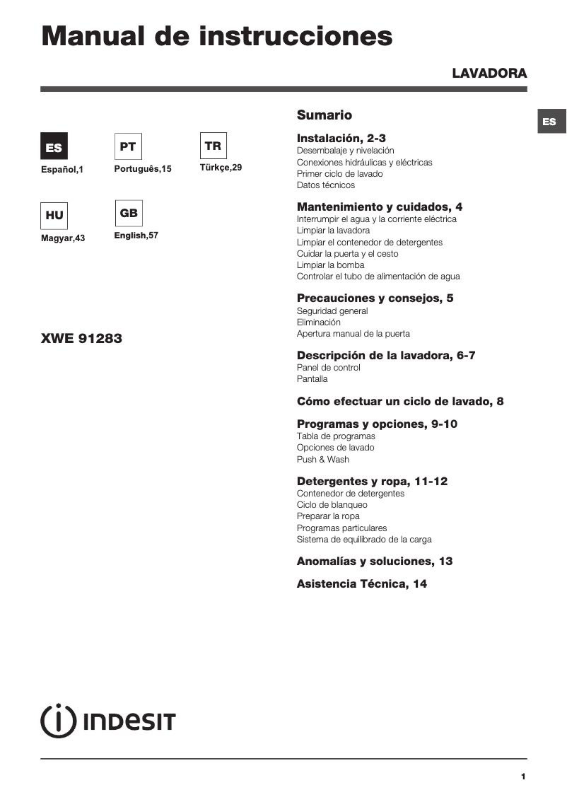 Page n°1 - Manuel utilisateur Indesit XWE 91283