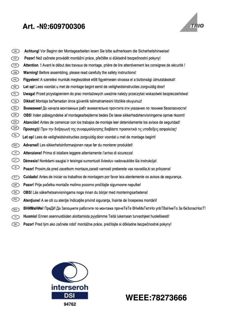 Page 1 de la notice Manuel utilisateur Trio Lighting Victoria 609700306