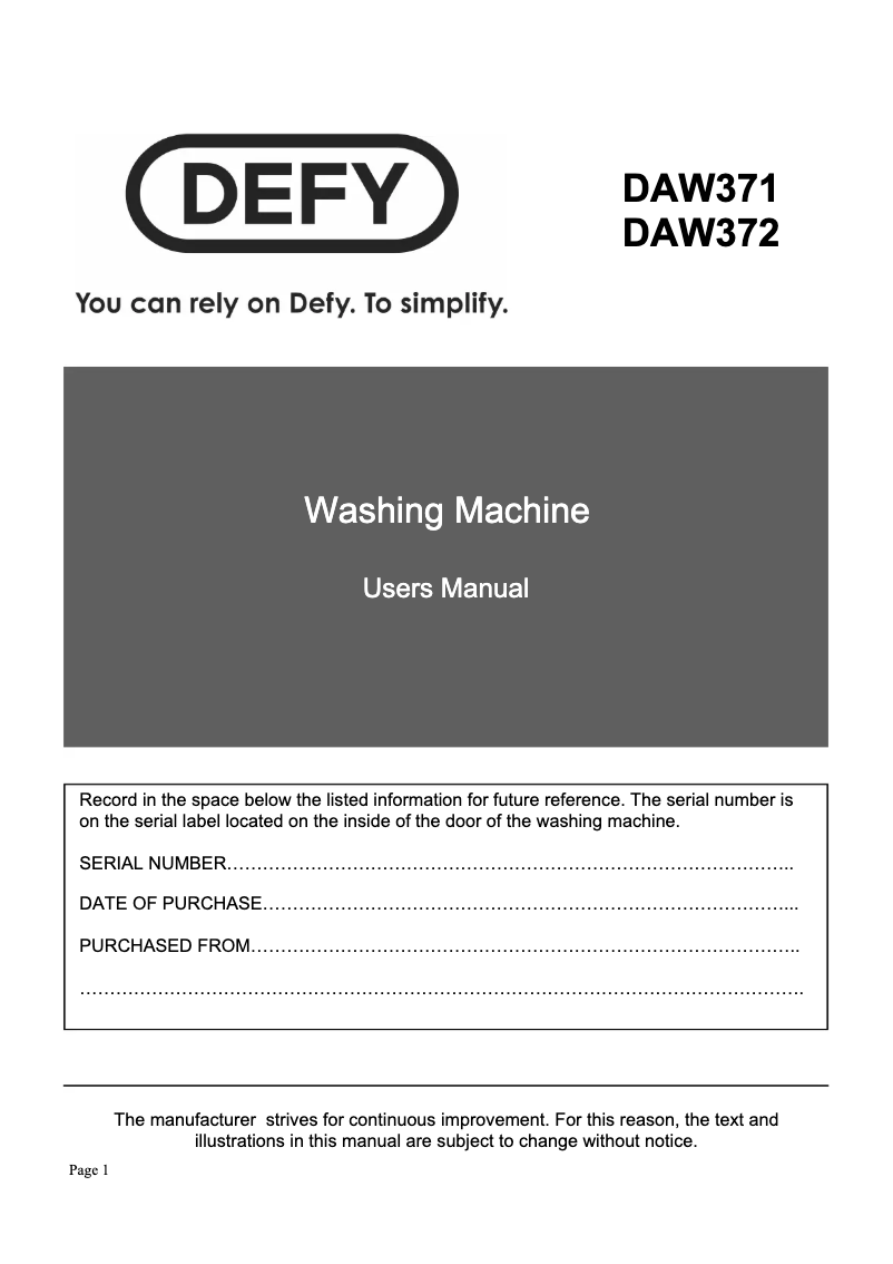 Page 1 de la notice Manuel utilisateur Defy DAW 372