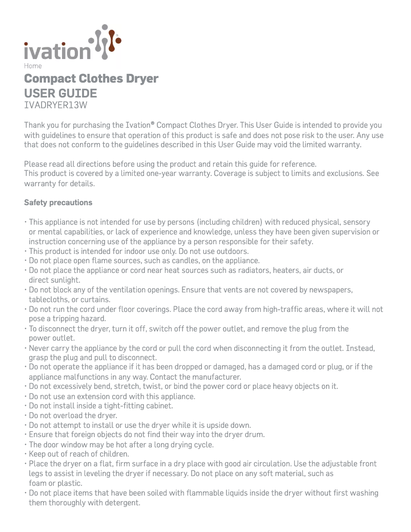Image de la première page du manuel de l'appareil IVADRYER13W