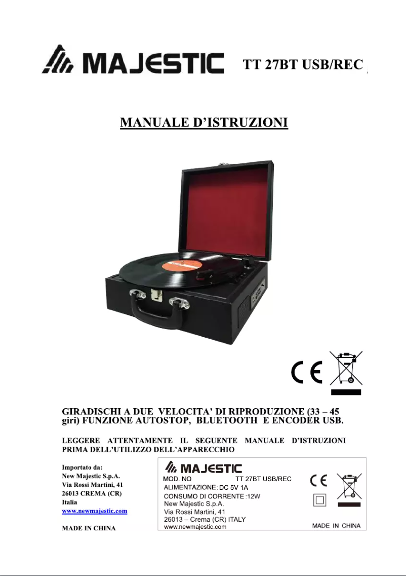 Page n°1 - Manuel utilisateur Majestic TT-27 BT USB REC