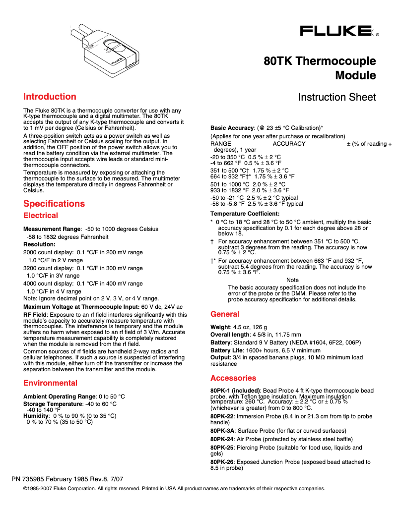Page 1 de la notice Manuel utilisateur Fluke 80TK