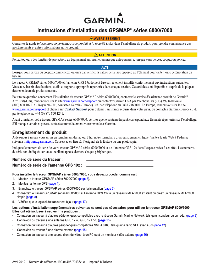 Page 1 de la notice Guide d'installation Garmin GPSMAP 6012