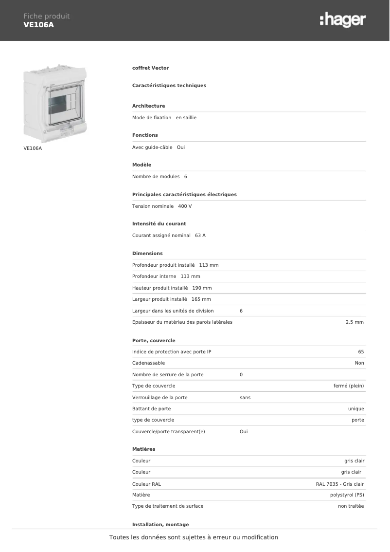 Page 1 de la notice Fiche technique Hager VE106A