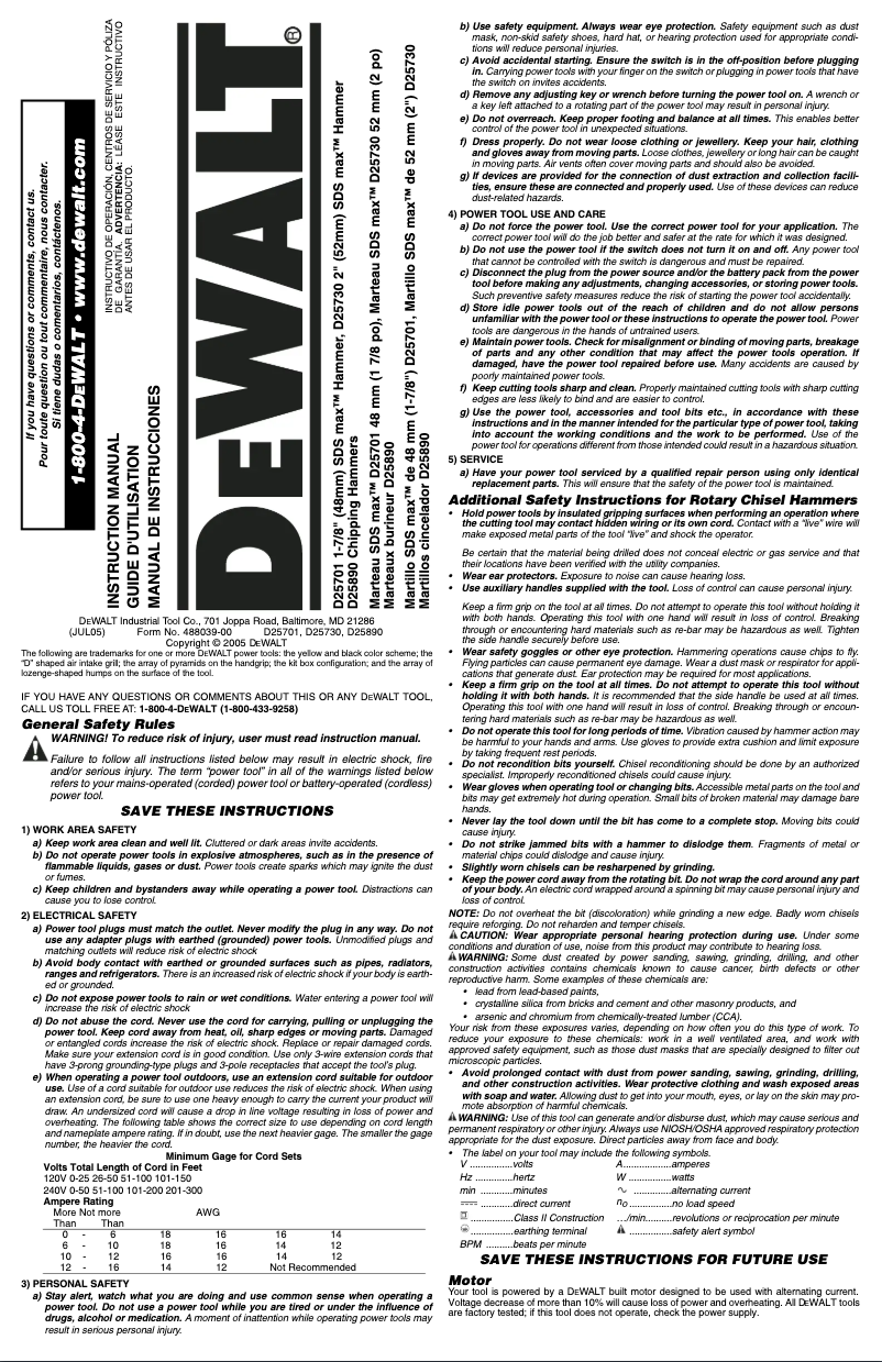 Page n°1 - Manuel d'utilisation et d'entretien DeWalt D25701