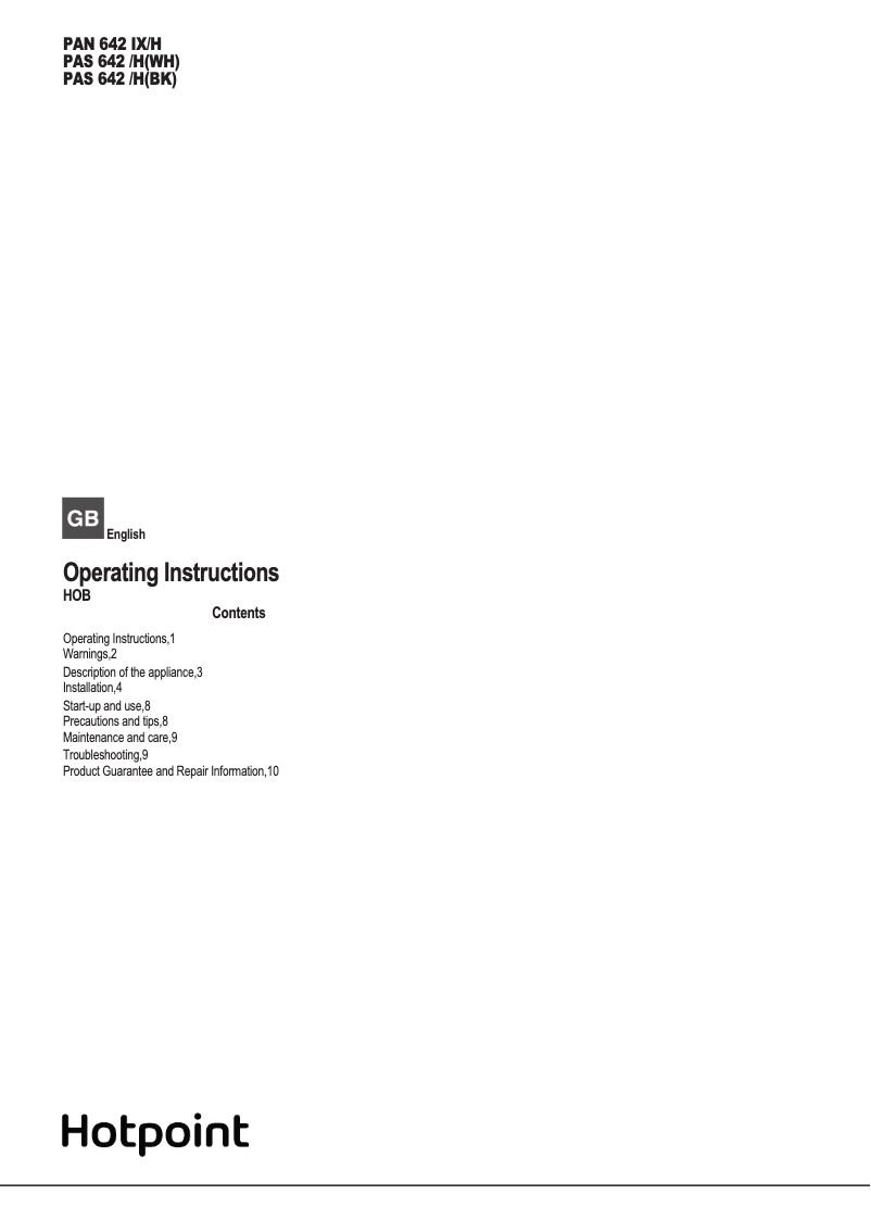 Page 1 de la notice Manuel utilisateur Hotpoint PAS642HBK