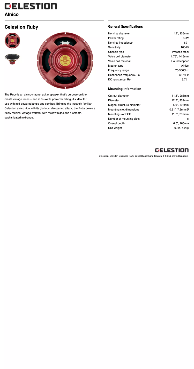 Page 1 de la notice Manuel utilisateur Celestion Ruby 12