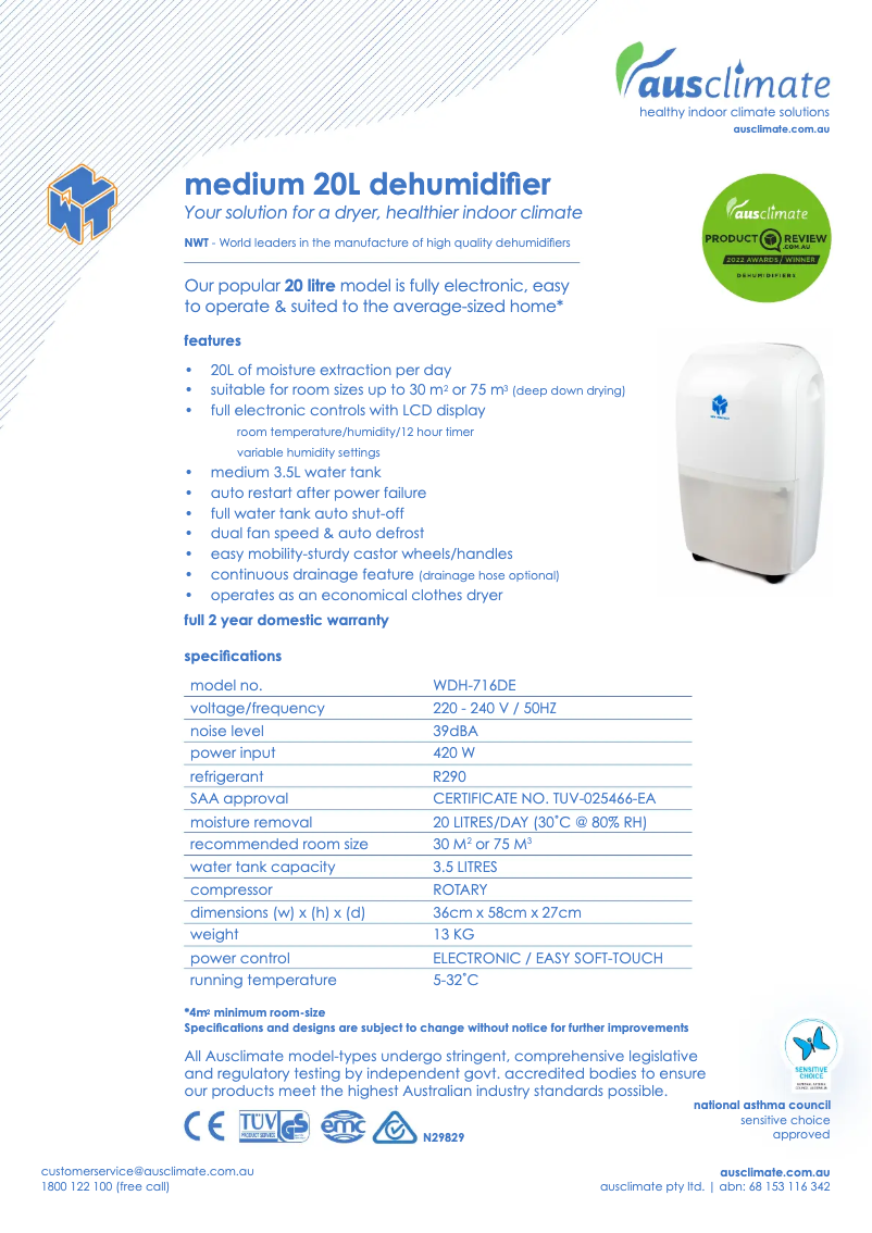 Page n°1 - Fiche technique Ausclimate WDH-716DE