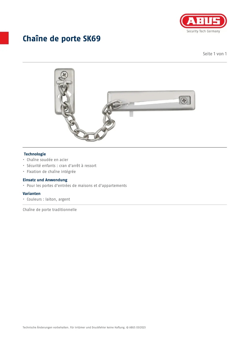 Page n°1 - Fiche technique Abus SK69