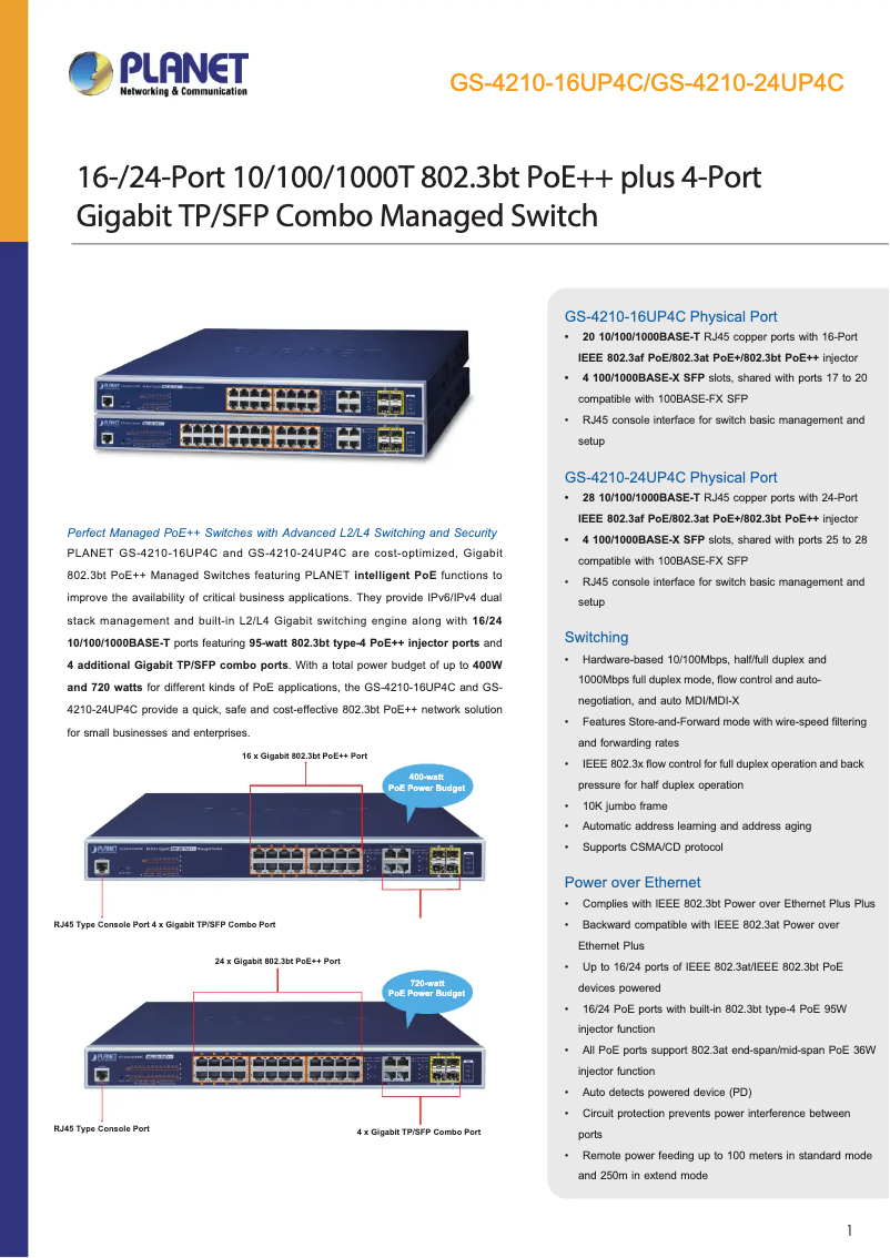 Page 1 de la notice Fiche technique Planet GS-4210-24UP4C