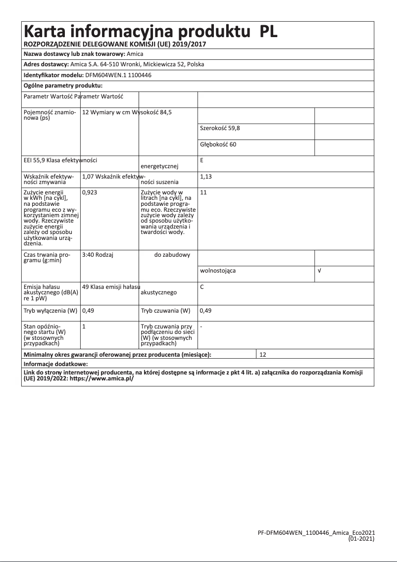 Page 1 of the manual User Manual Amica DFM604WEN