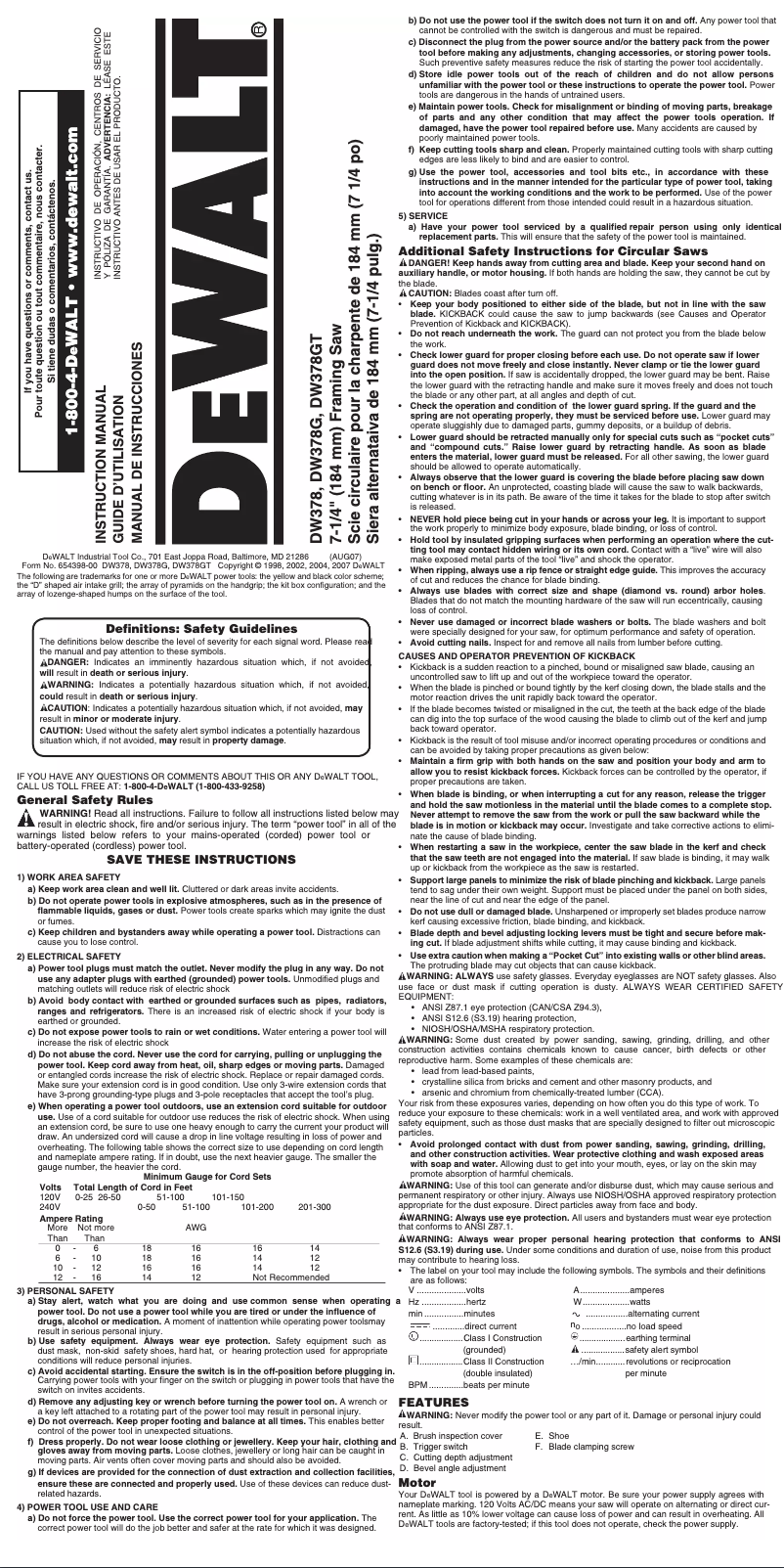 Page 1 de la notice Manuel utilisateur DeWalt DW378GT