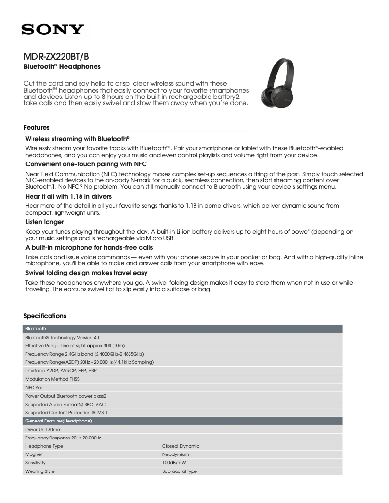 Image de la première page du manuel de l'appareil MDR-ZX220BT