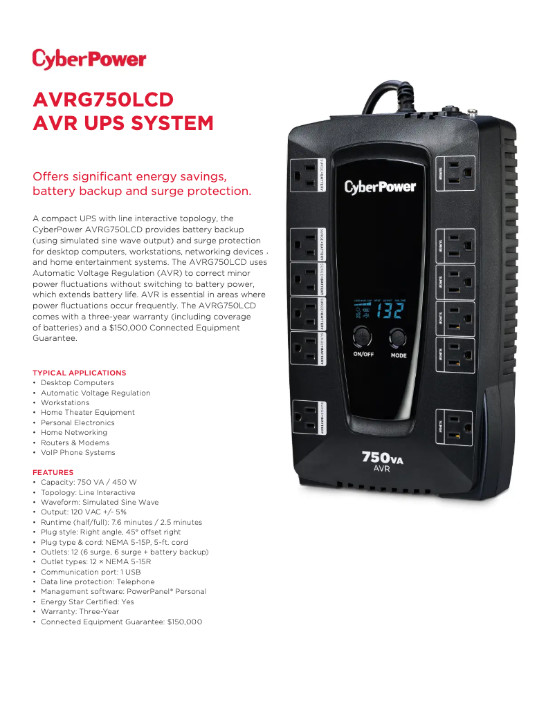 Página 1 del manual Ficha técnica CyberPower AVRG750LCD