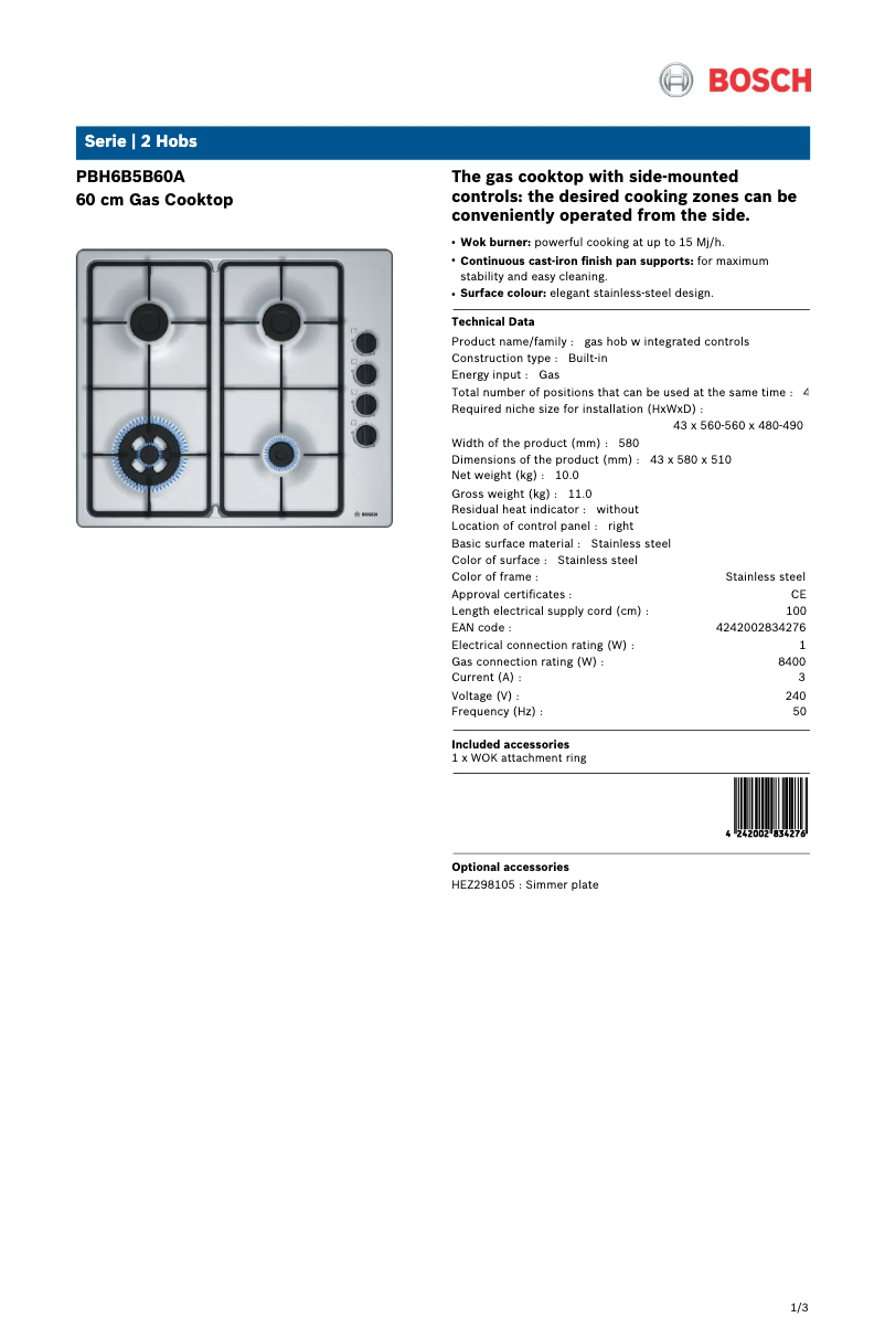 Página 1 del manual Ficha técnica Bosch PBH6B5B60A