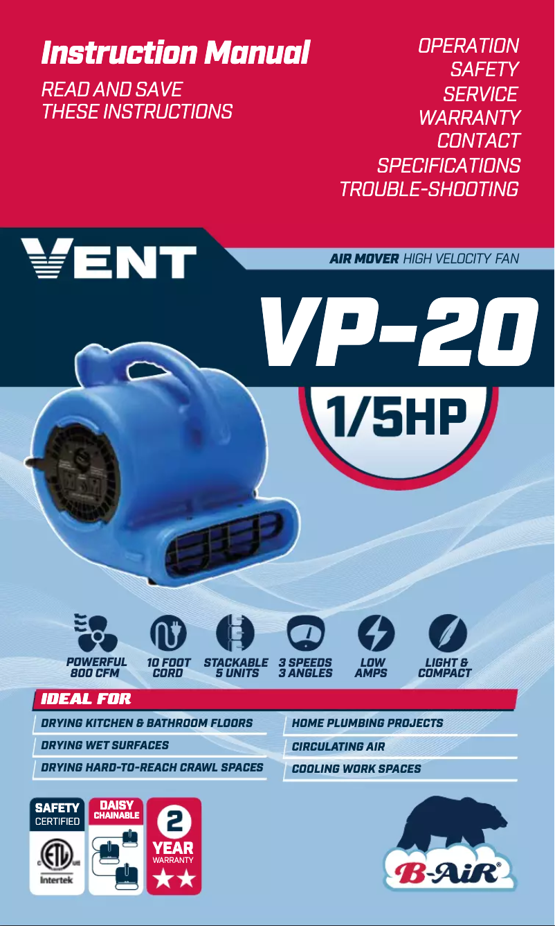 Página 1 del manual Manual de uso y mantenimiento B-Air Vent VP-20