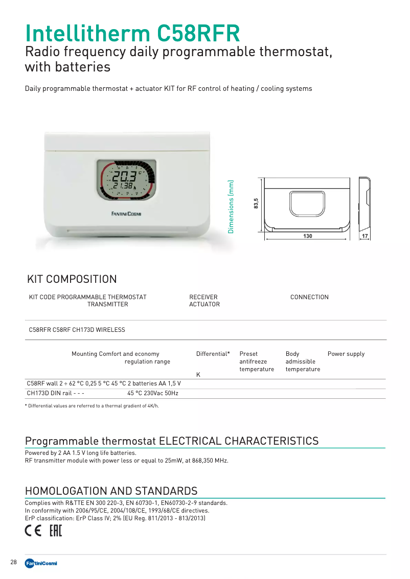 Page 1 de la notice Fiche technique Fantini Cosmi Intellitherm C58RFR