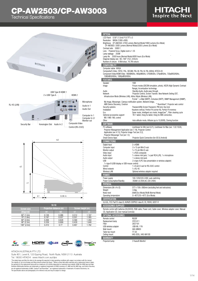 Page 1 de la notice Fiche technique Hitachi CP-AW2503