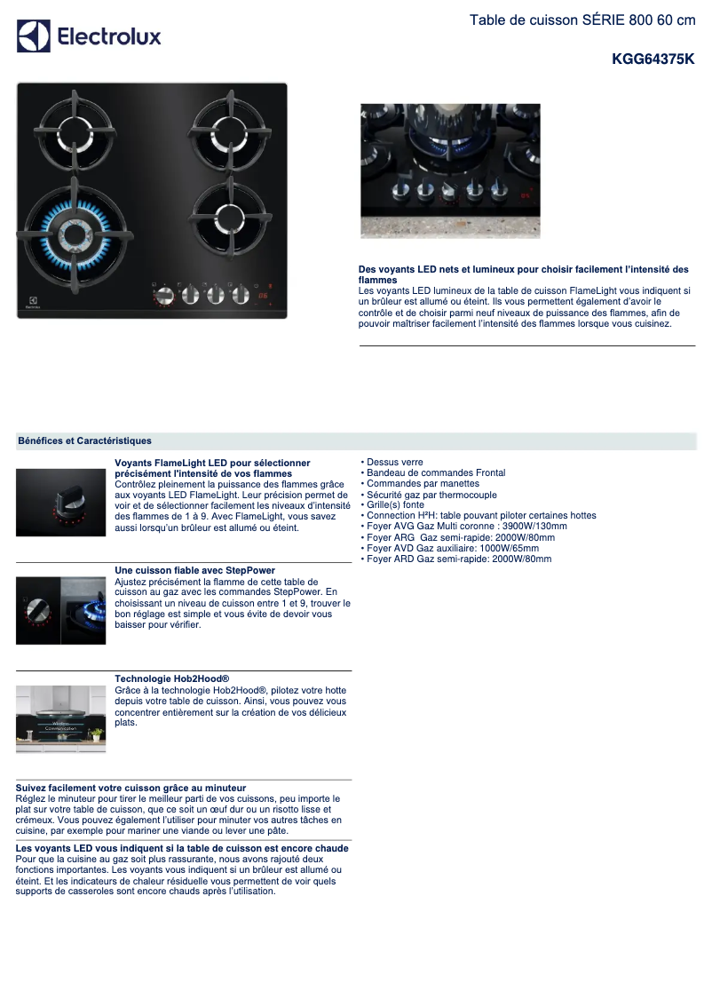 Page 1 de la notice Fiche technique Electrolux KGG64375K