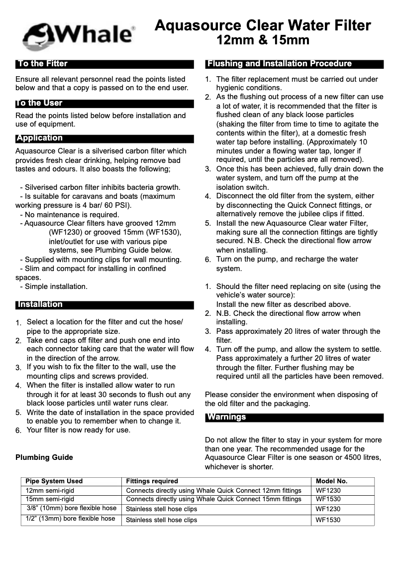 Page 1 de la notice Manuel utilisateur Whale Aquasource WF1530