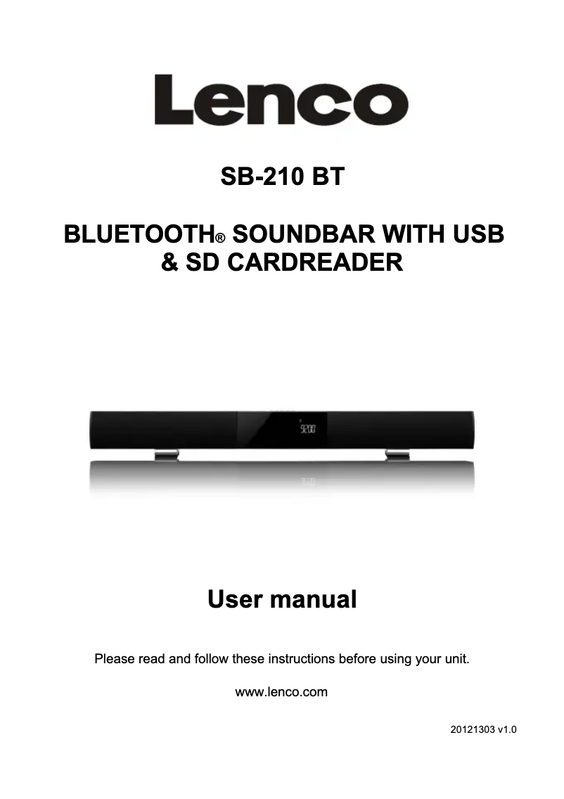 Page 1 de la notice Manuel utilisateur Lenco SB-210 BT