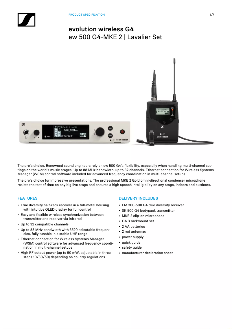 Page n°1 - Fiche technique Sennheiser ew 500 G4-MKE2