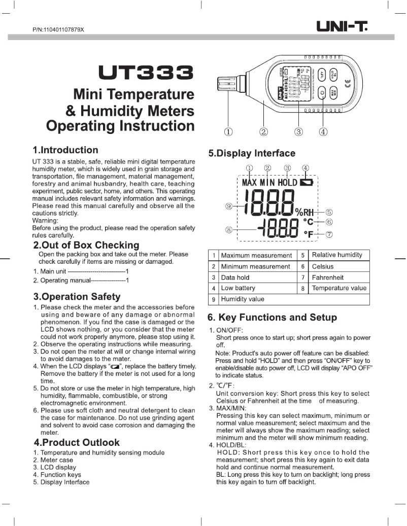 Page 1 de la notice Manuel utilisateur Uni-T UT333
