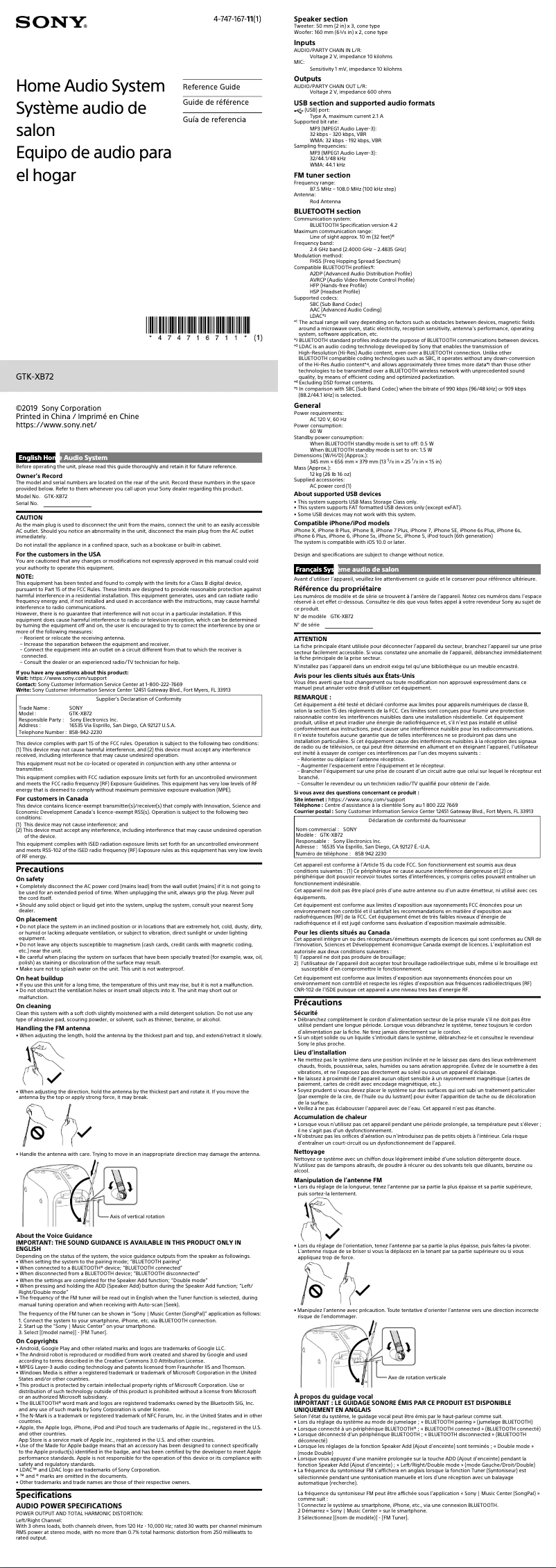 Page 1 de la notice Manuel utilisateur Sony GTK-XB72