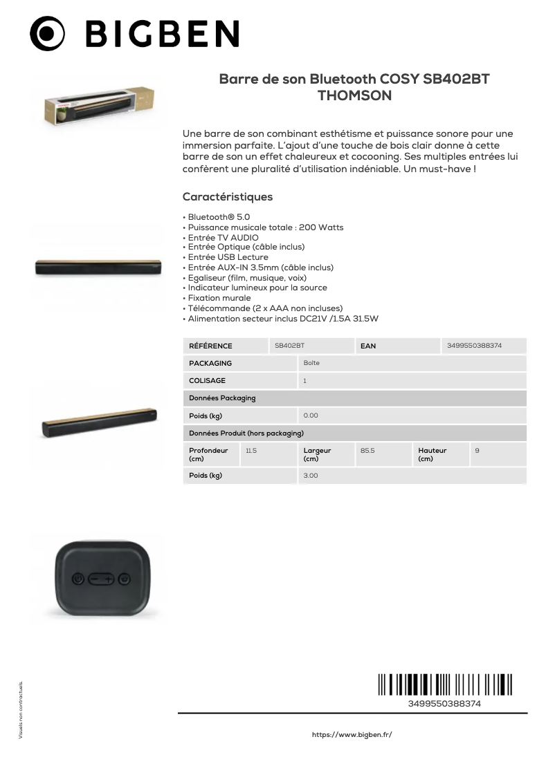 Page 1 de la notice Fiche technique Thomson SB402BT