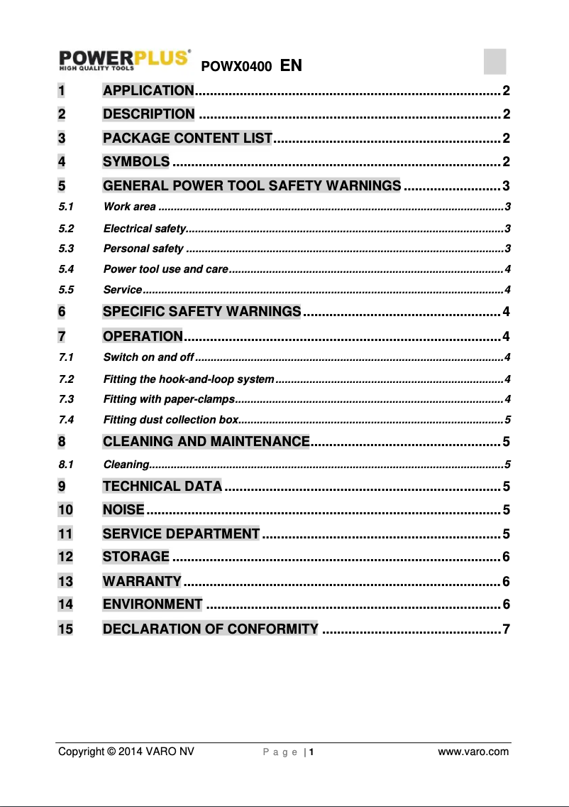 Page n°1 - Manuel utilisateur PowerPlus POWX0400