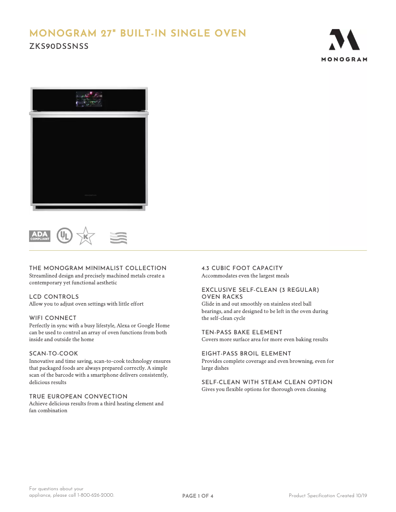 Page 1 de la notice Fiche technique Monogram ZKS90DSSN