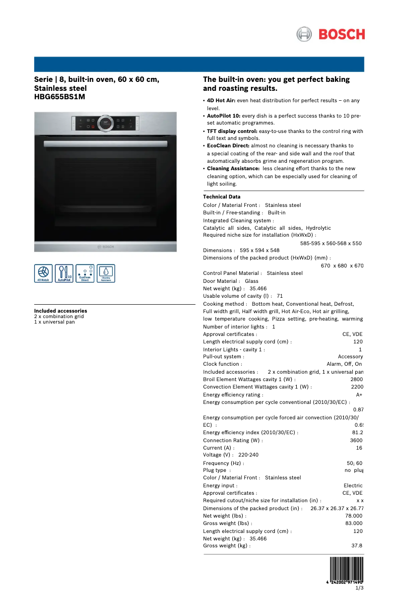 Page 1 de la notice Fiche technique Bosch HBG655BS1M