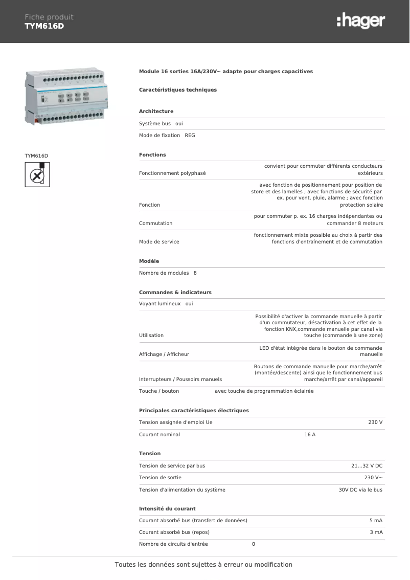 Page 1 de la notice Fiche technique Hager TYM616D