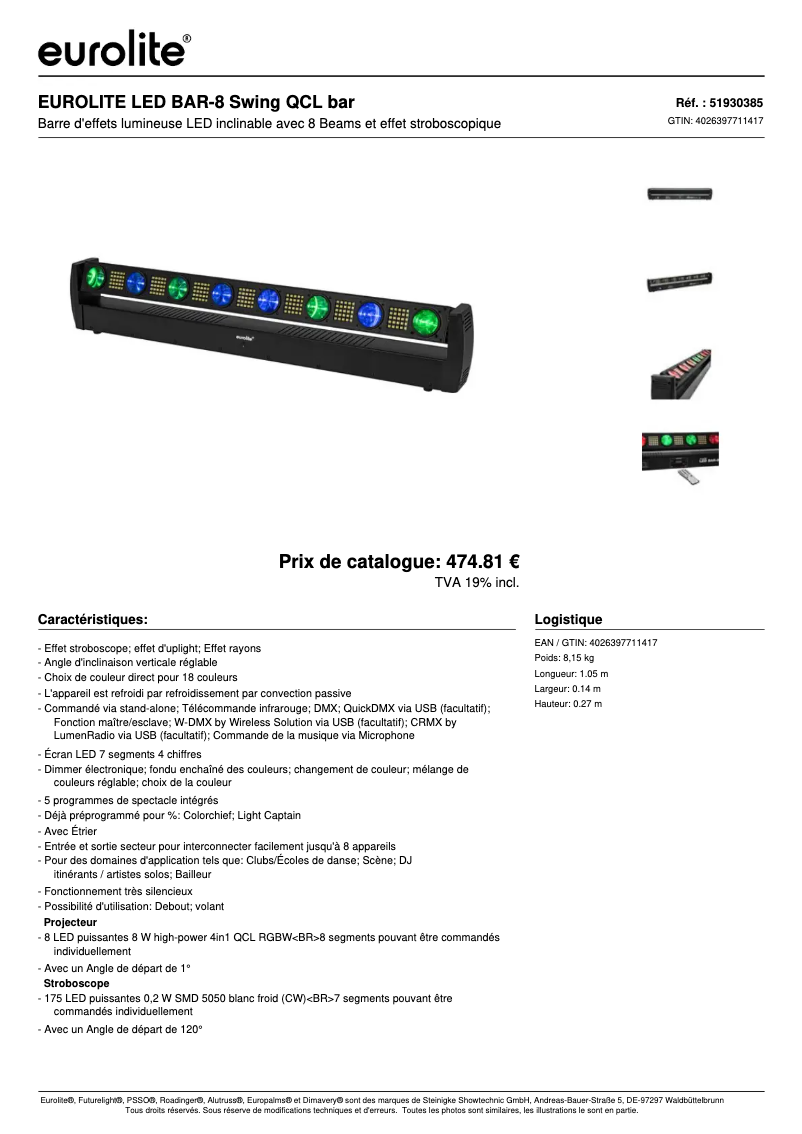 Page n°1 - Fiche technique Eurolite LED BAR-8 Swing QCL