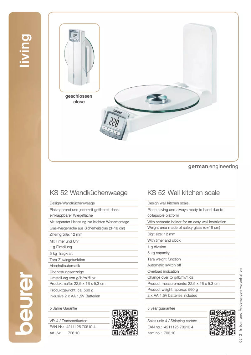 Page 1 de la notice Fiche technique Beurer KS 52