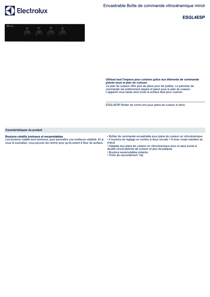 Page 1 de la notice Fiche technique Electrolux ESGL4ESP