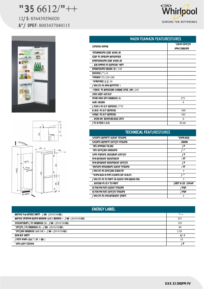 Page 1 de la notice Fiche technique Whirlpool ART 6612/A++