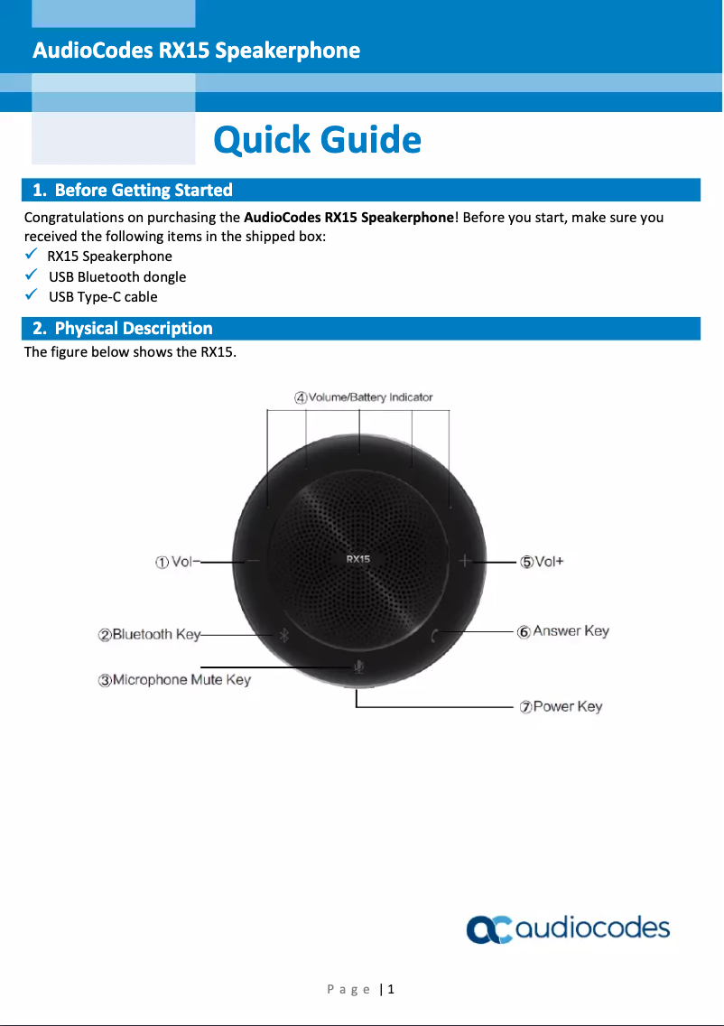 Page 1 de la notice Manuel utilisateur Audiocodes RX15