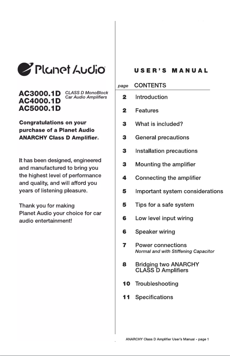 Page 1 de la notice Manuel utilisateur Planet Audio AC4000.1D