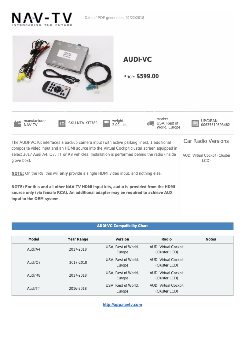 Page n°1 - Fiche technique NAV-TV NTV-KIT789