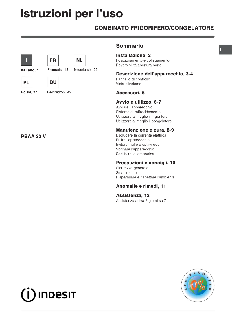 Page 1 de la notice Manuel utilisateur Indesit PBAA 33 V