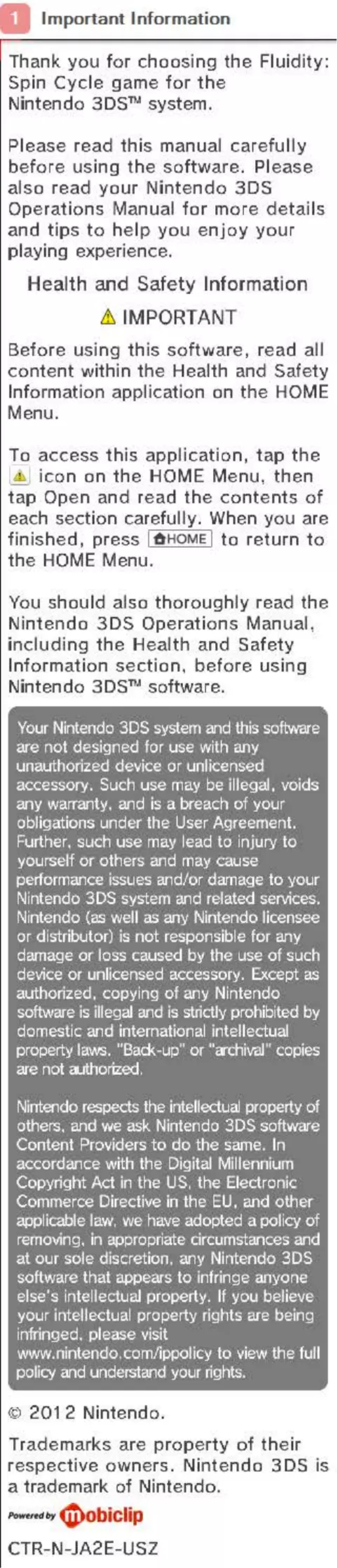 Page 1 de la notice Manuel utilisateur Nintendo Fluidity - Spin Cycle (3DS)