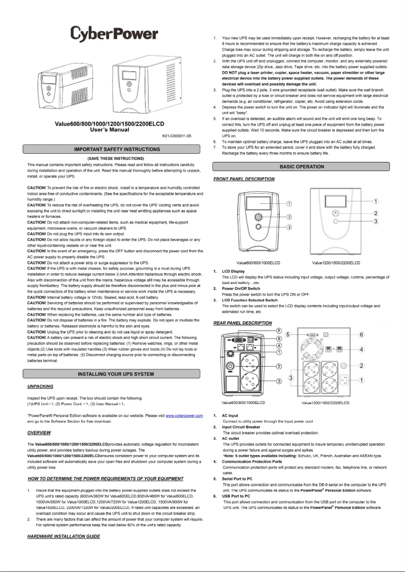 Page 1 de la notice Manuel utilisateur CyberPower Value1500ELCD