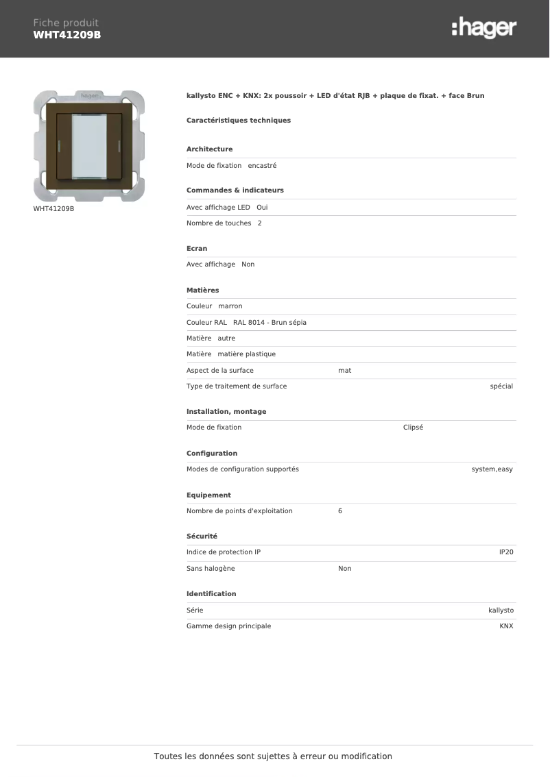 Página 1 del manual Ficha técnica Hager WHT41209B