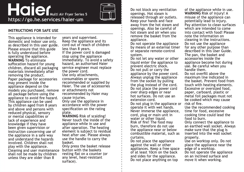 Page 1 de la notice Instructions de sécurité Haier Multi Air Fryer Series 5