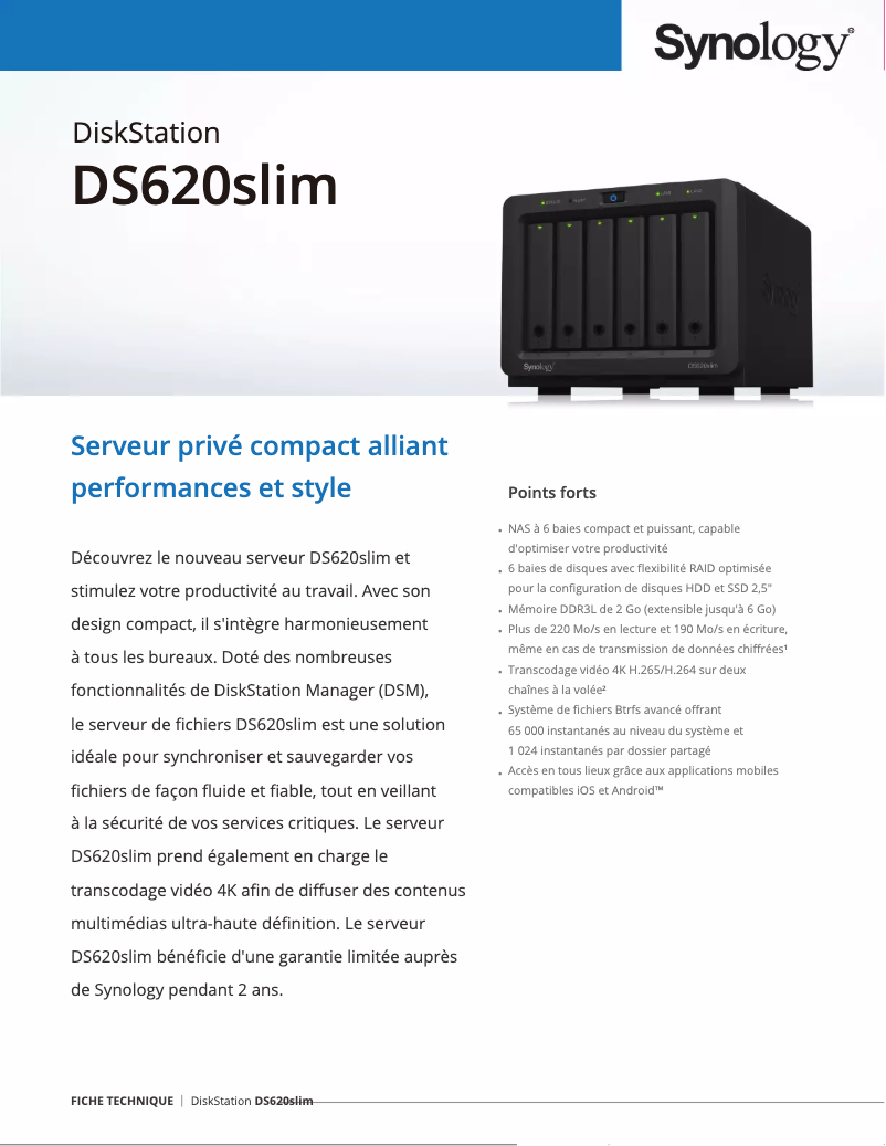Page 1 de la notice Fiche technique Synology DS620slim
